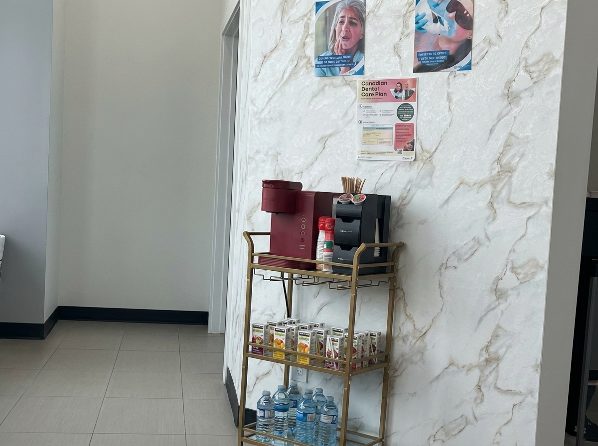 Hallway and refreshment station inside Woodbend Dental